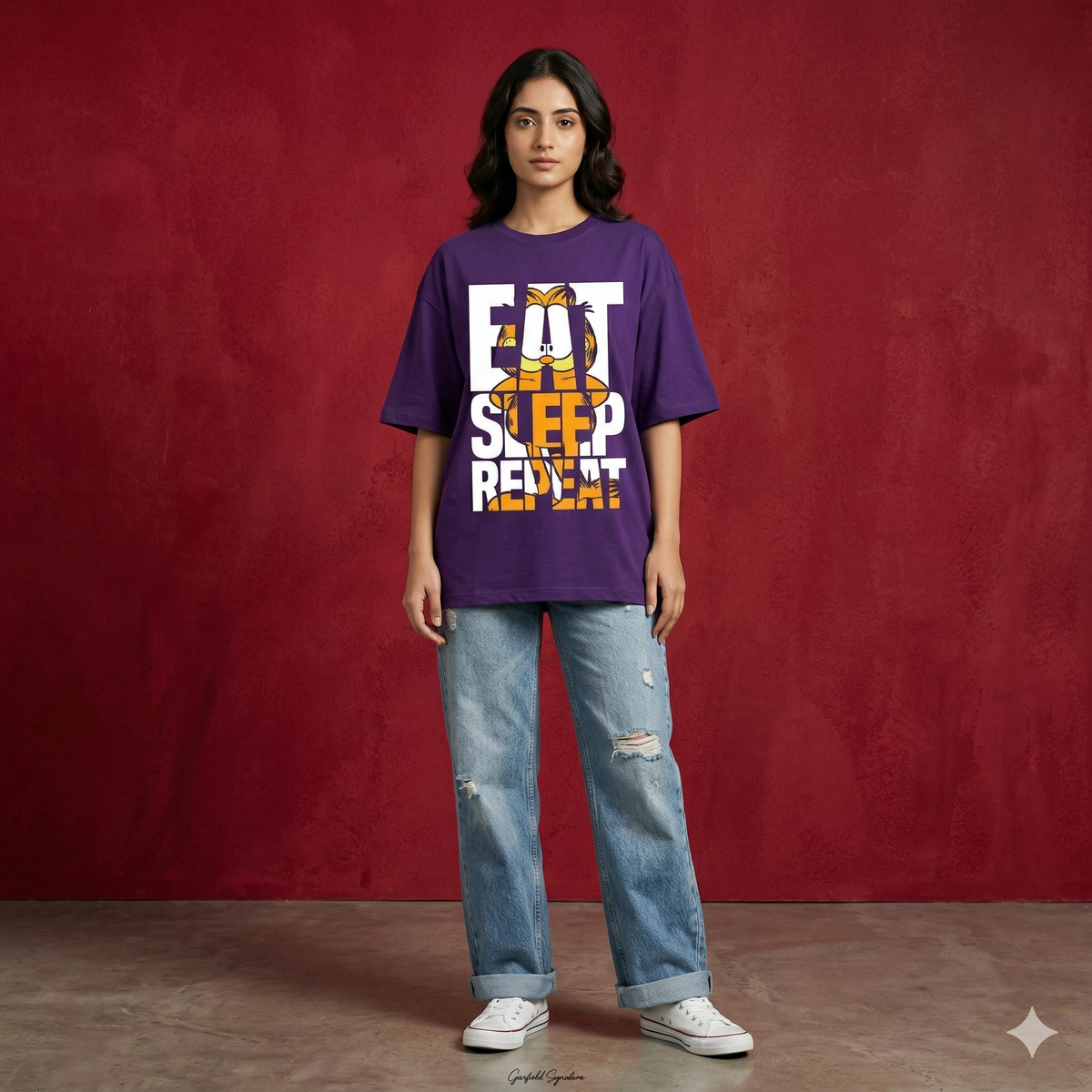 Female Oversized Garfield Eat Sleep Repeat Tshirt