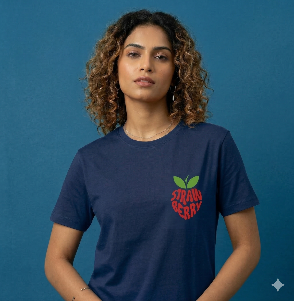 Women's Navy Blue Pocket Strawberry Graphic Tshirt