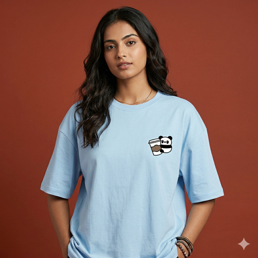 Oversized Terry Cotton Baby Blue Pocket Print Tshirt