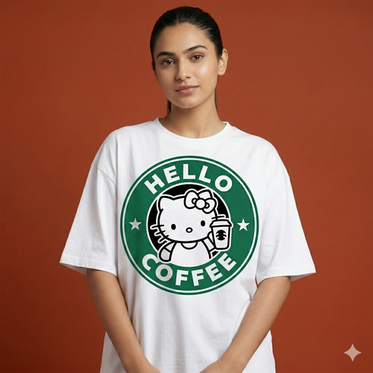 White Oversized Hello Coffee Tee