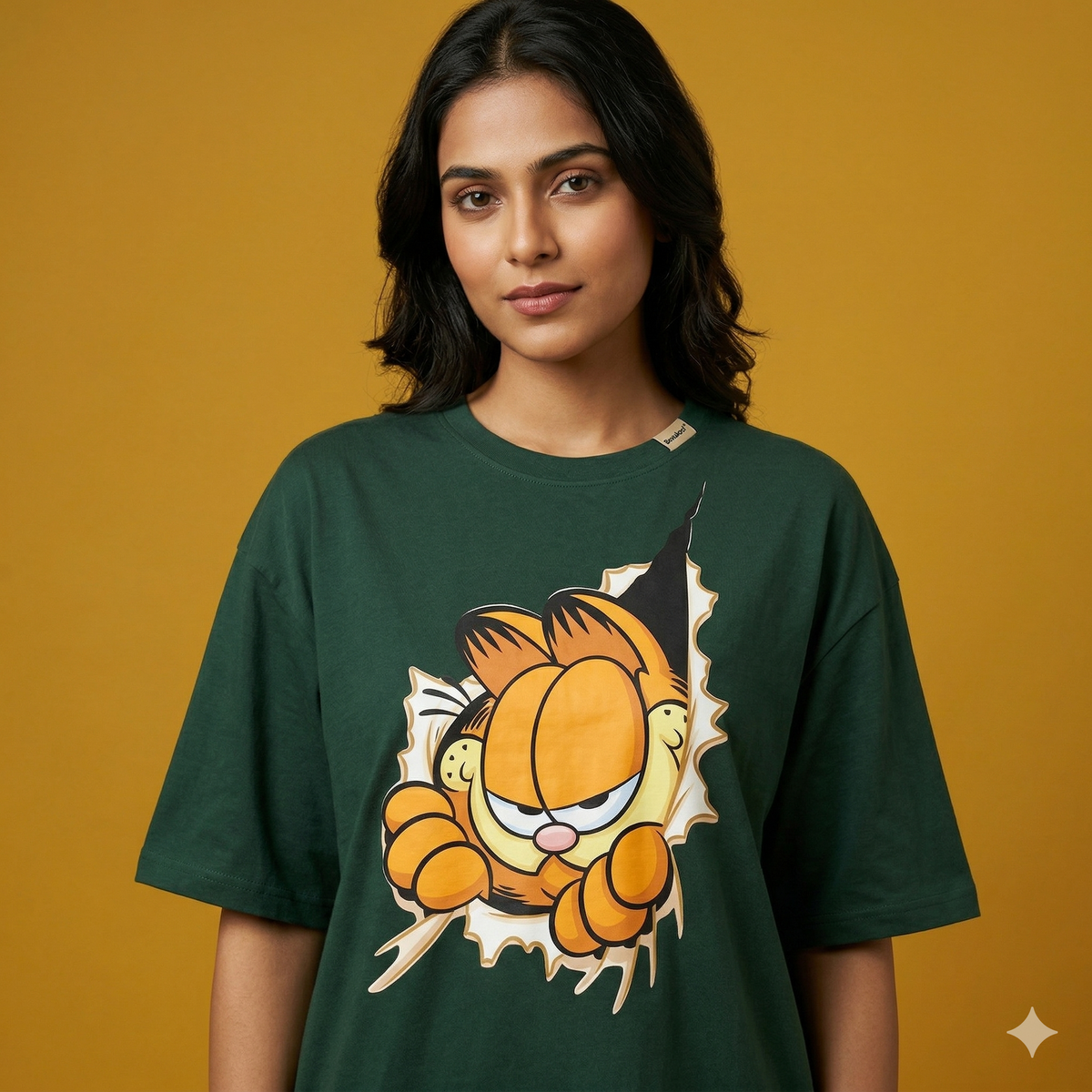 Female Green Bith SIde Print Garfield Oversized Tshirt
