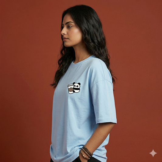 Oversized Terry Cotton Baby Blue Pocket Print Tshirt